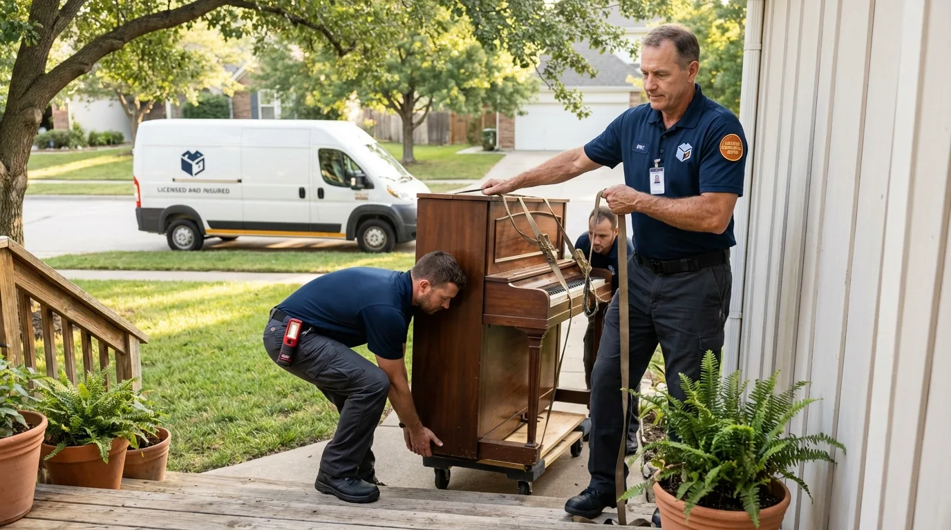 Licensed piano movers securing grand piano in Shawneetown, IL