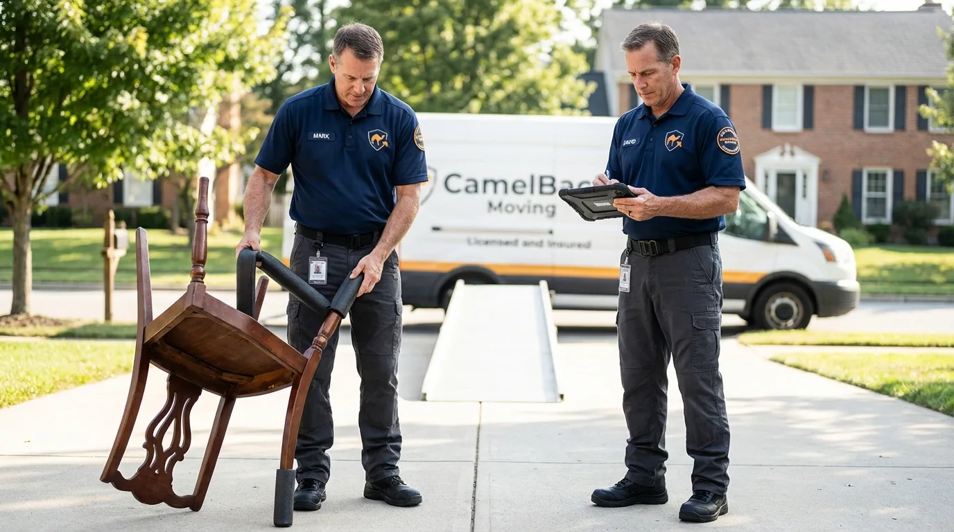 Movers inspecting furniture for damage prevention before loading in Shawneetown, IL