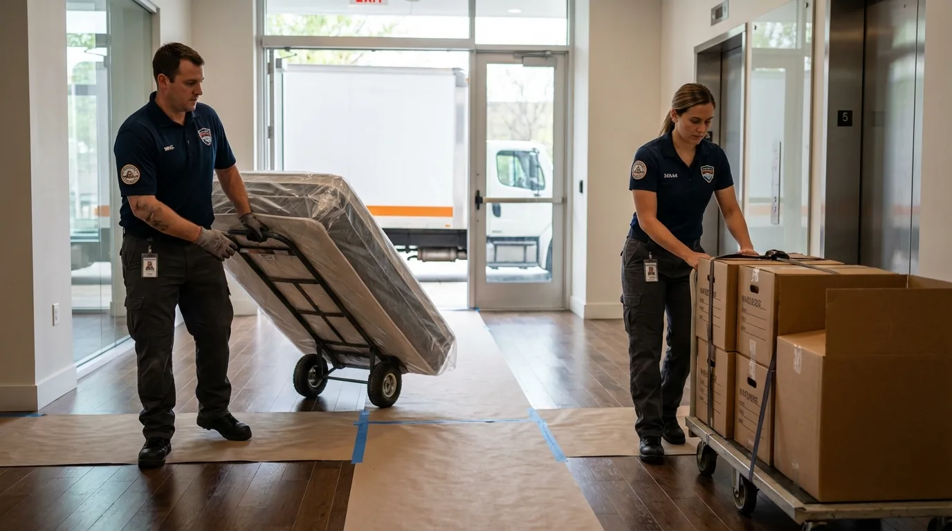 Professional apartment movers loading elevator in Shawneetown, IL